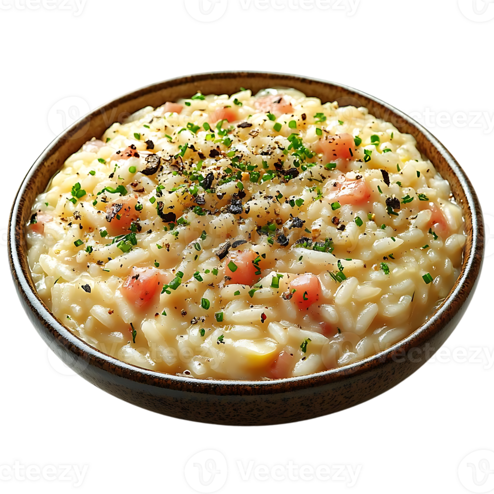 Creamy Risotto with Ham, Peas, and Parmesan Cheese, Topped with Fresh Chives, Black Pepper, and a Transparent Background png