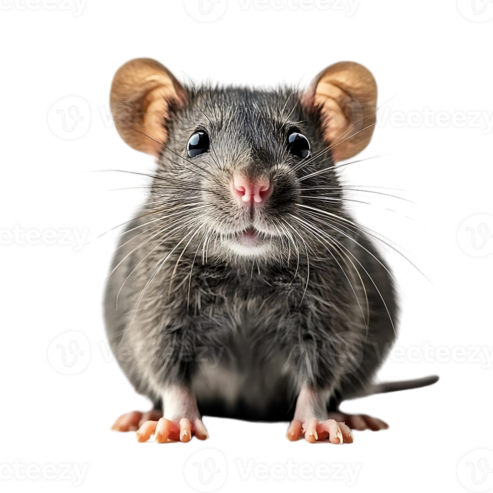 Cute Rat with Transparent Background, Sitting Up, Looking at Camera with Big Eyes, Small Pink Nose, Whiskers, and Paws on Black Background png