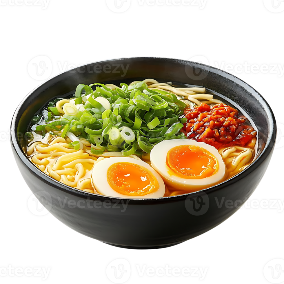 Delicious Ramen with Two Eggs, Green Onions, and Spicy Paste on a Transparent Background png