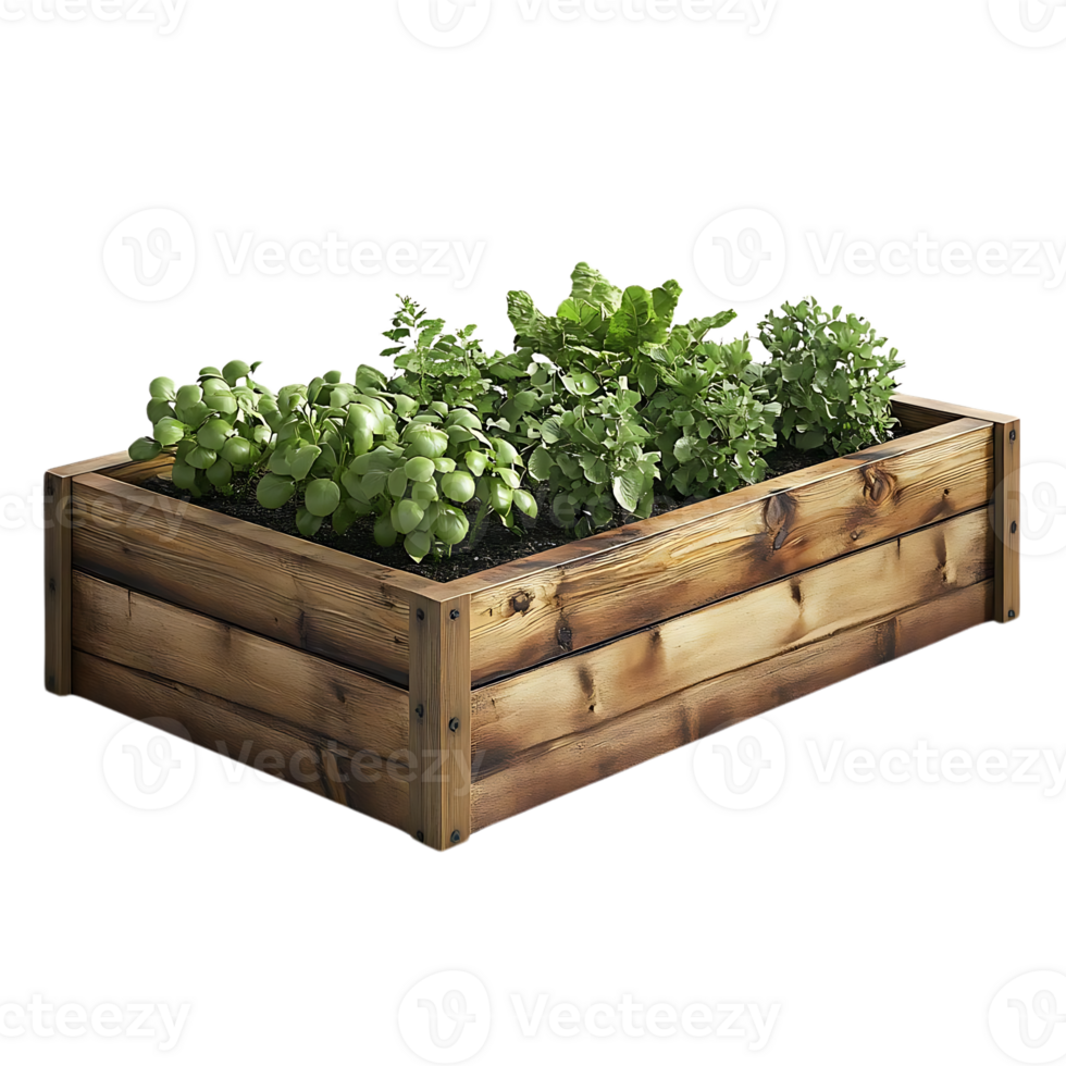 Wooden Planter Box with Fresh Herbs and Greenery on a Transparent Background png