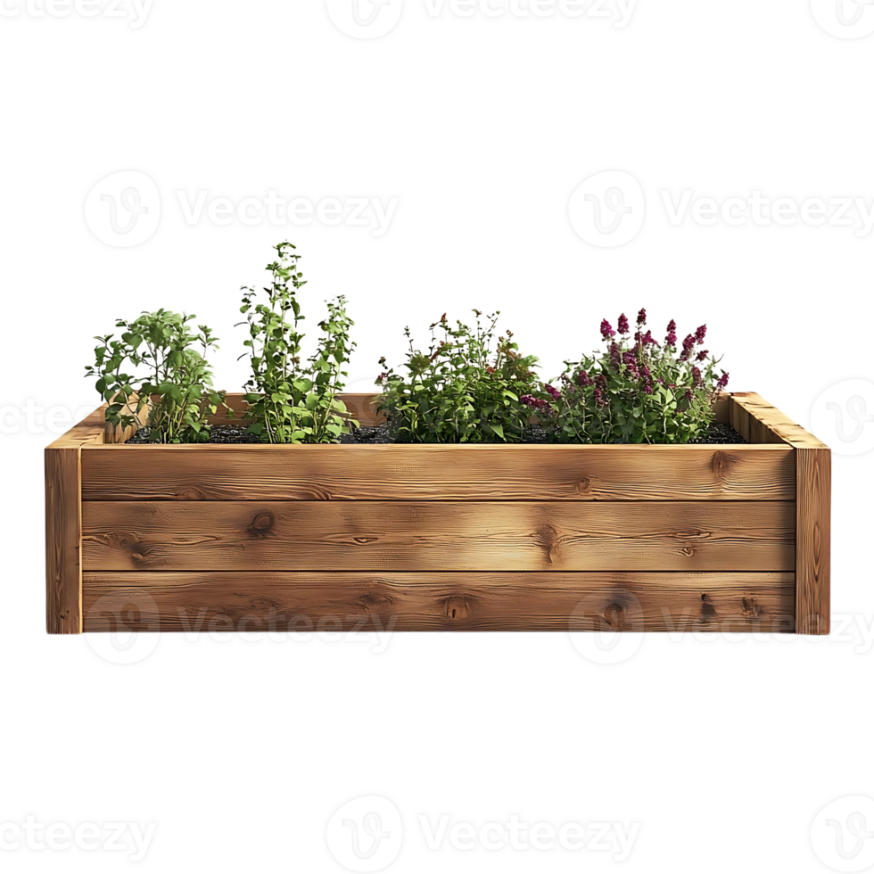 Wooden Planter Box with Plants on Transparent Background png