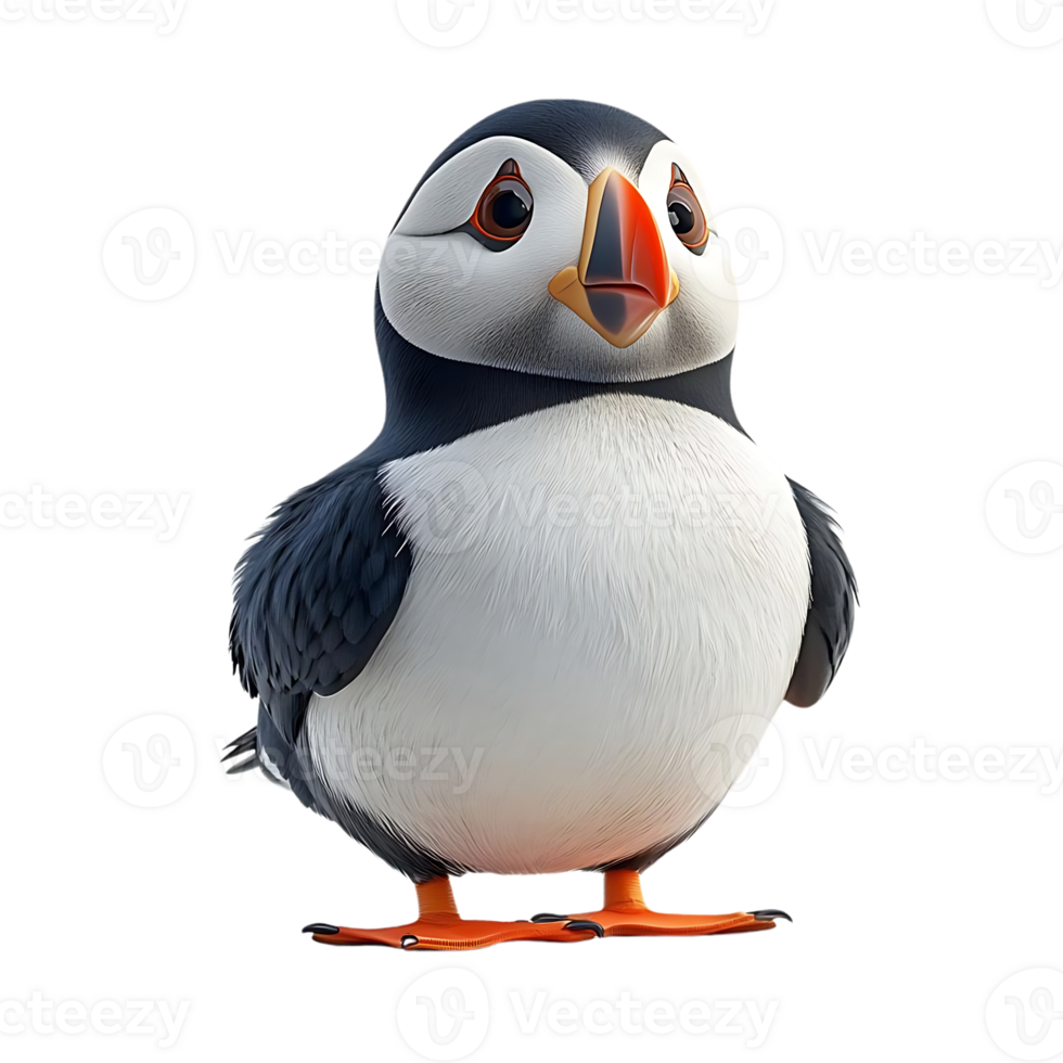 A Cute Puffin Stands with a Transparent Background, Adorable Bird with Orange Beak, Fluffy White and Black Feathers png