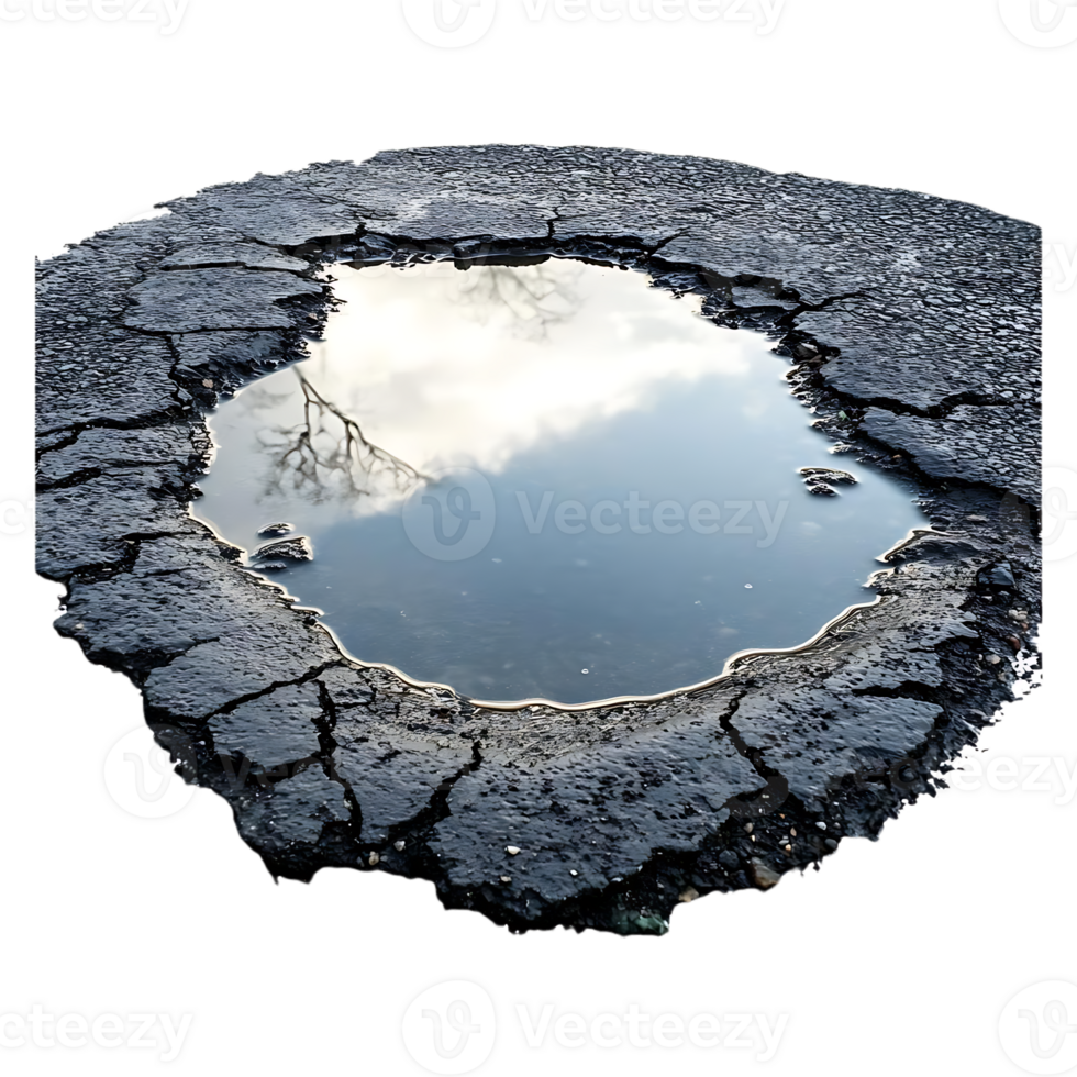 A Puddle Reflecting the Sky on Cracked Asphalt, a Symbol of Impermanence and Beauty, Transparent Background png