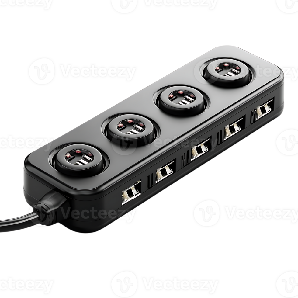4 Port USB Charger with Transparent Background, Fast Charging, Compact Design, Multi-Device Charging, Travel Adapter, Power Strip, USB Hub, Phone Charger, Portable Charger, Black png