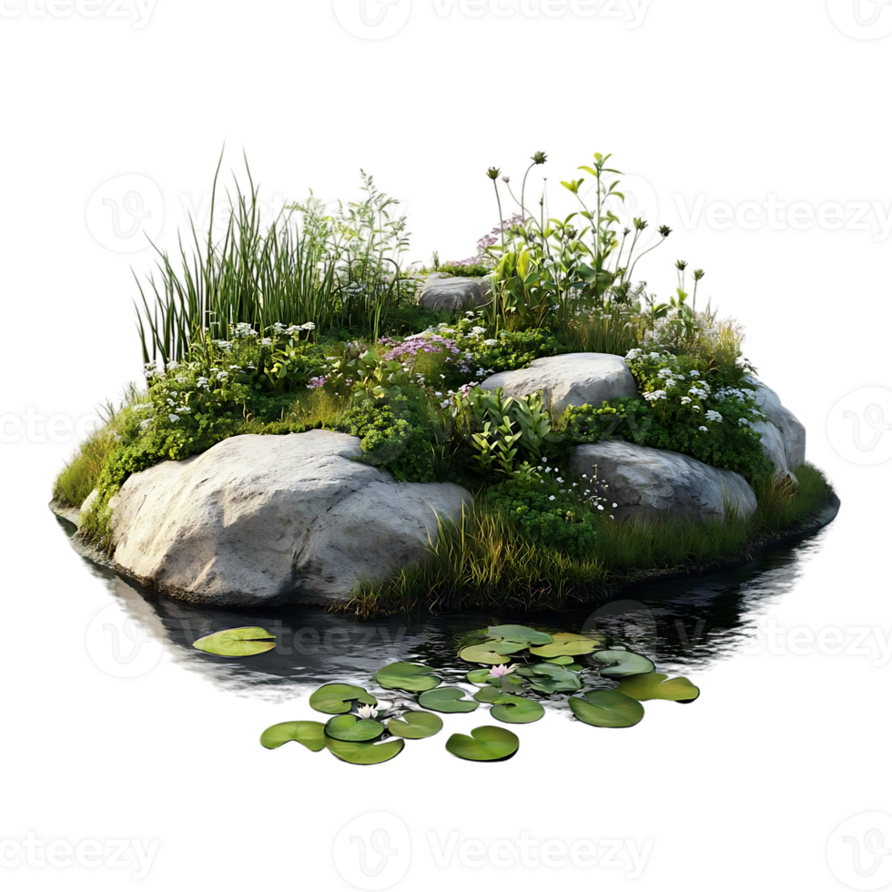Tranquil Pond Scene with Lush Greenery, Rocks, and Water Lilies Featuring a Transparent Background png