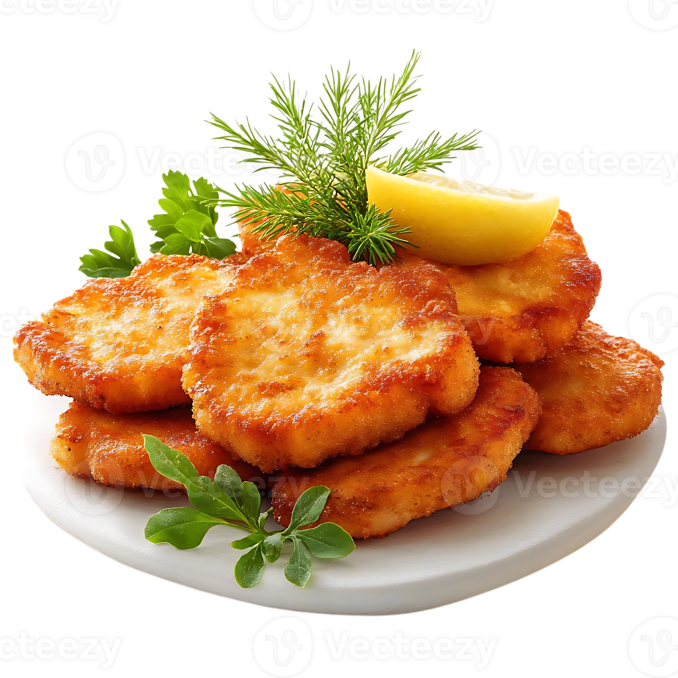 Crispy Fried Fish Patties Served on a Plate with Lemon Wedge and Parsley - Transparent Background png