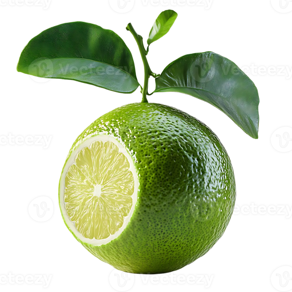 Lime with Leaves on Transparent Background,  Citrus Fruit with Refreshing Green Tones and Juicy Interior png