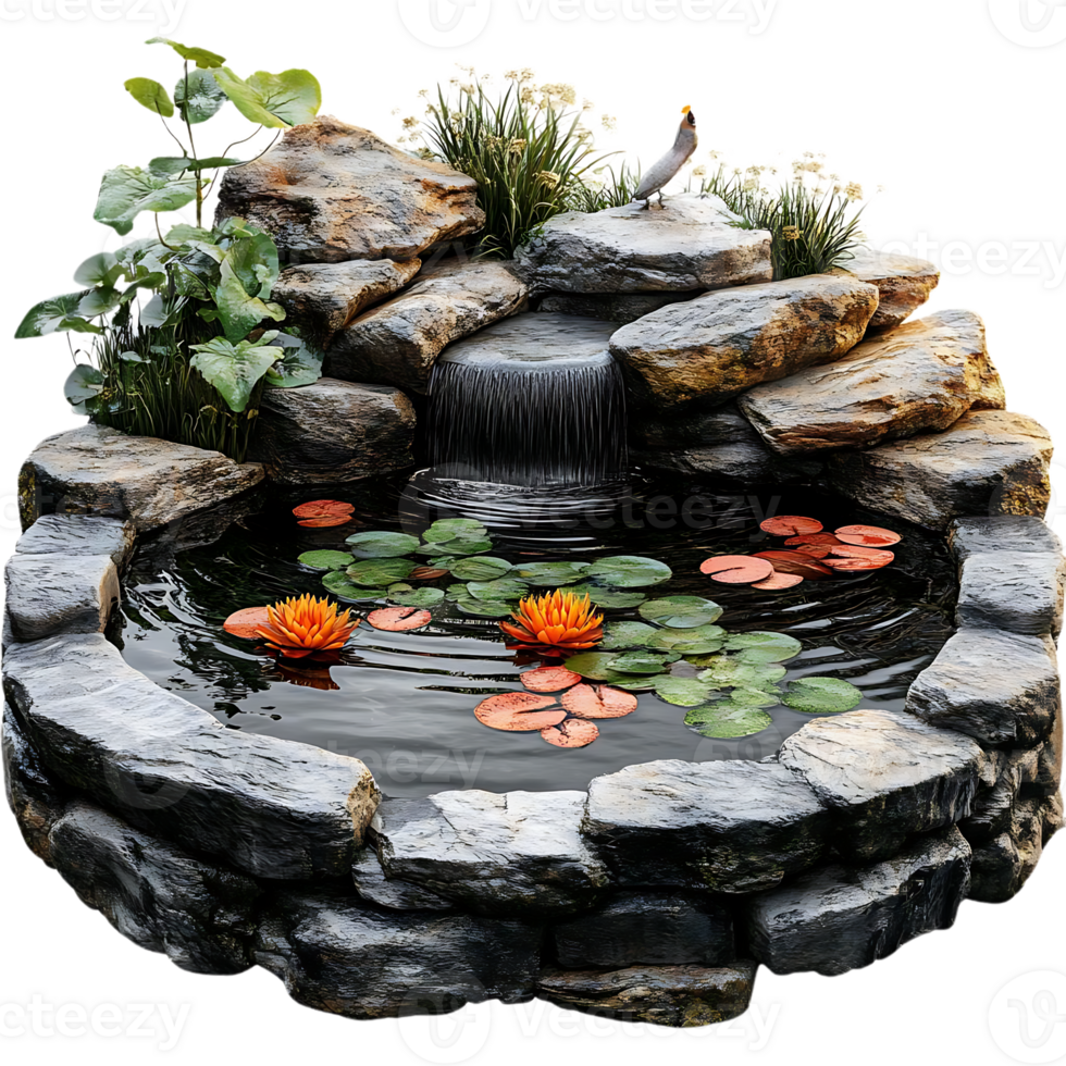 Tranquil Waterfall Pond with Lily Pads and Flowers, Surrounded by Stones with a Transparent Background png