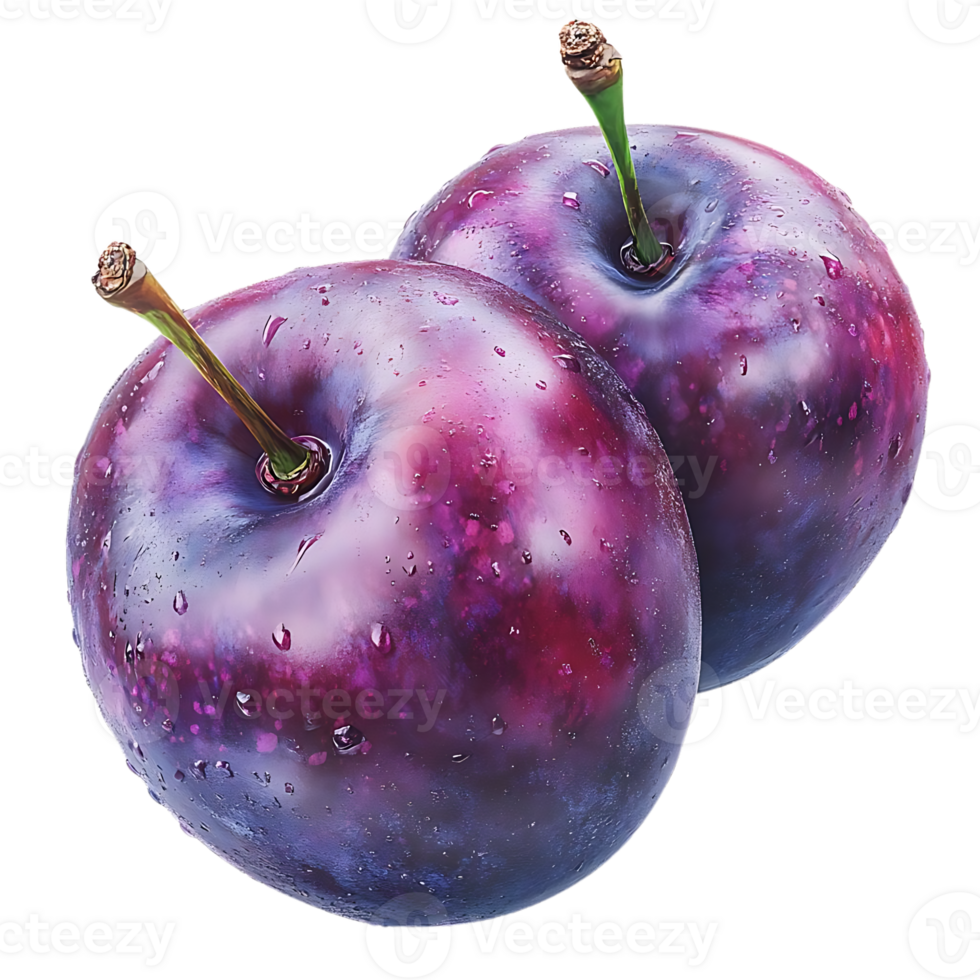 Two Plums with Dew Drops on a Transparent Background png