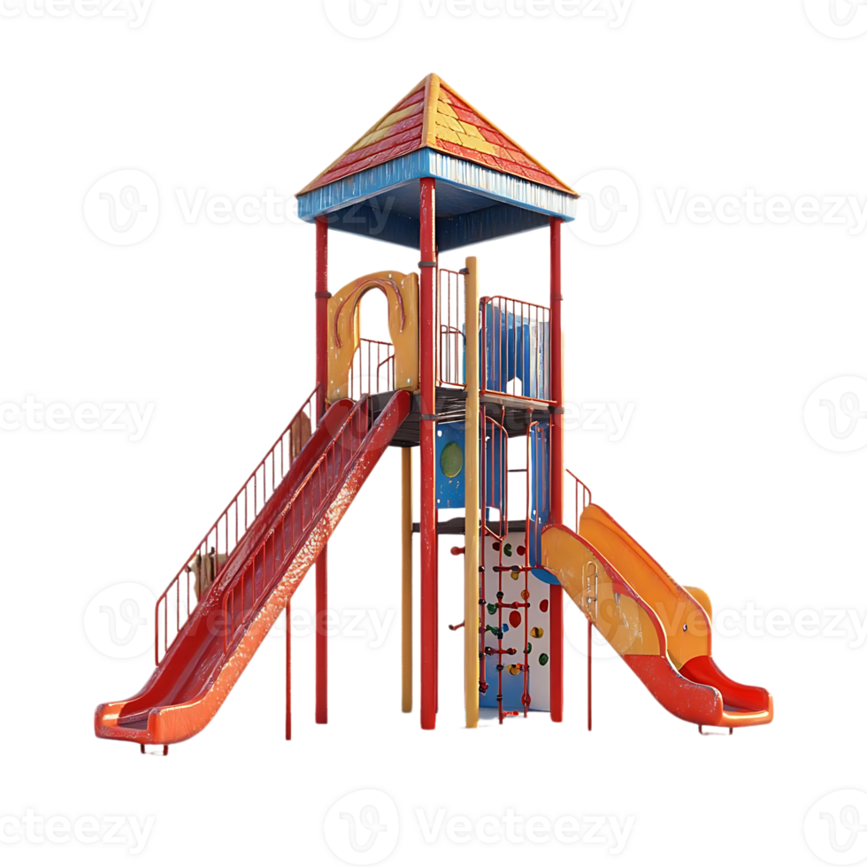 Colorful Playground Structure with Slides and Climbing Wall on Transparent Background png