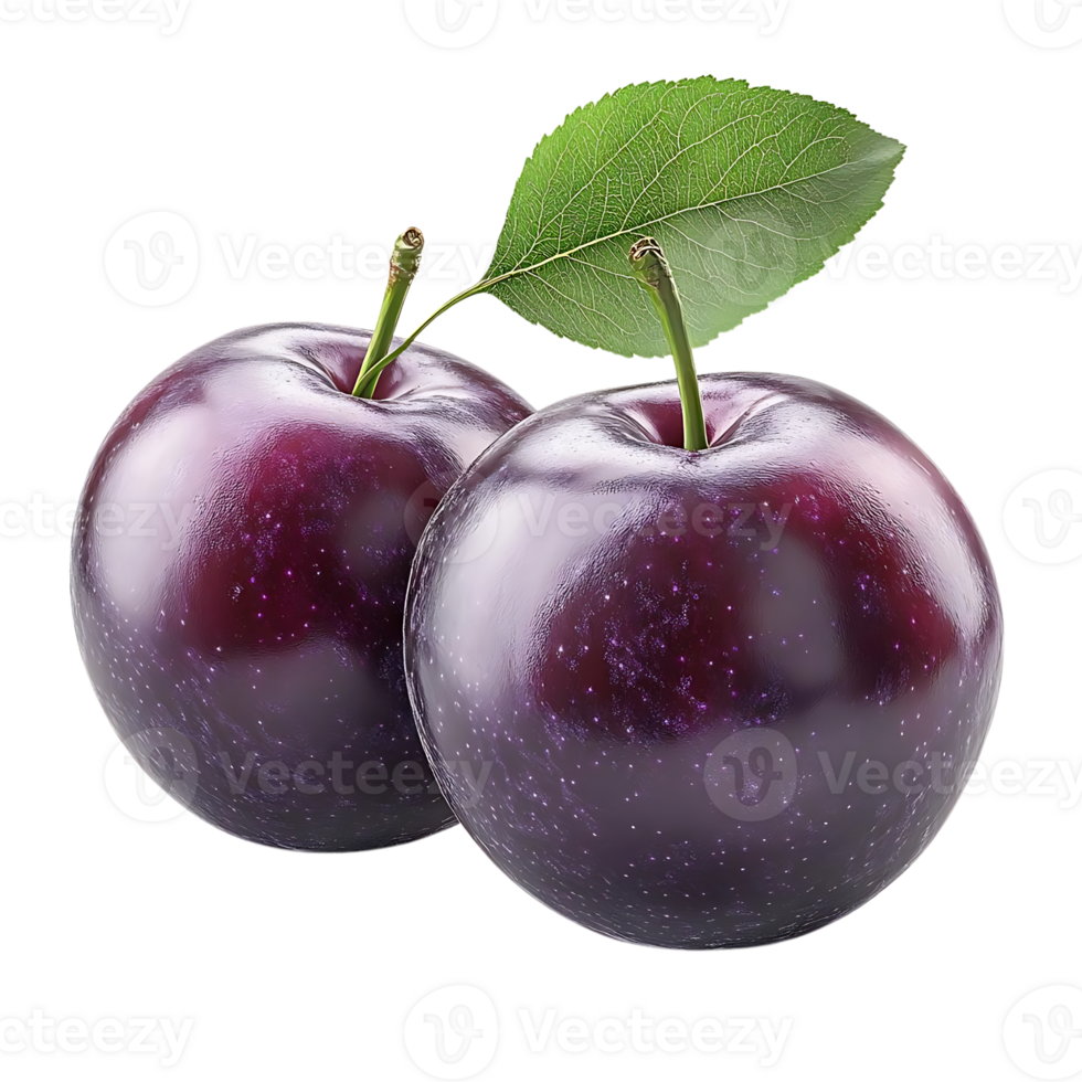 Two Plums with a Green Leaf on a Transparent Background png