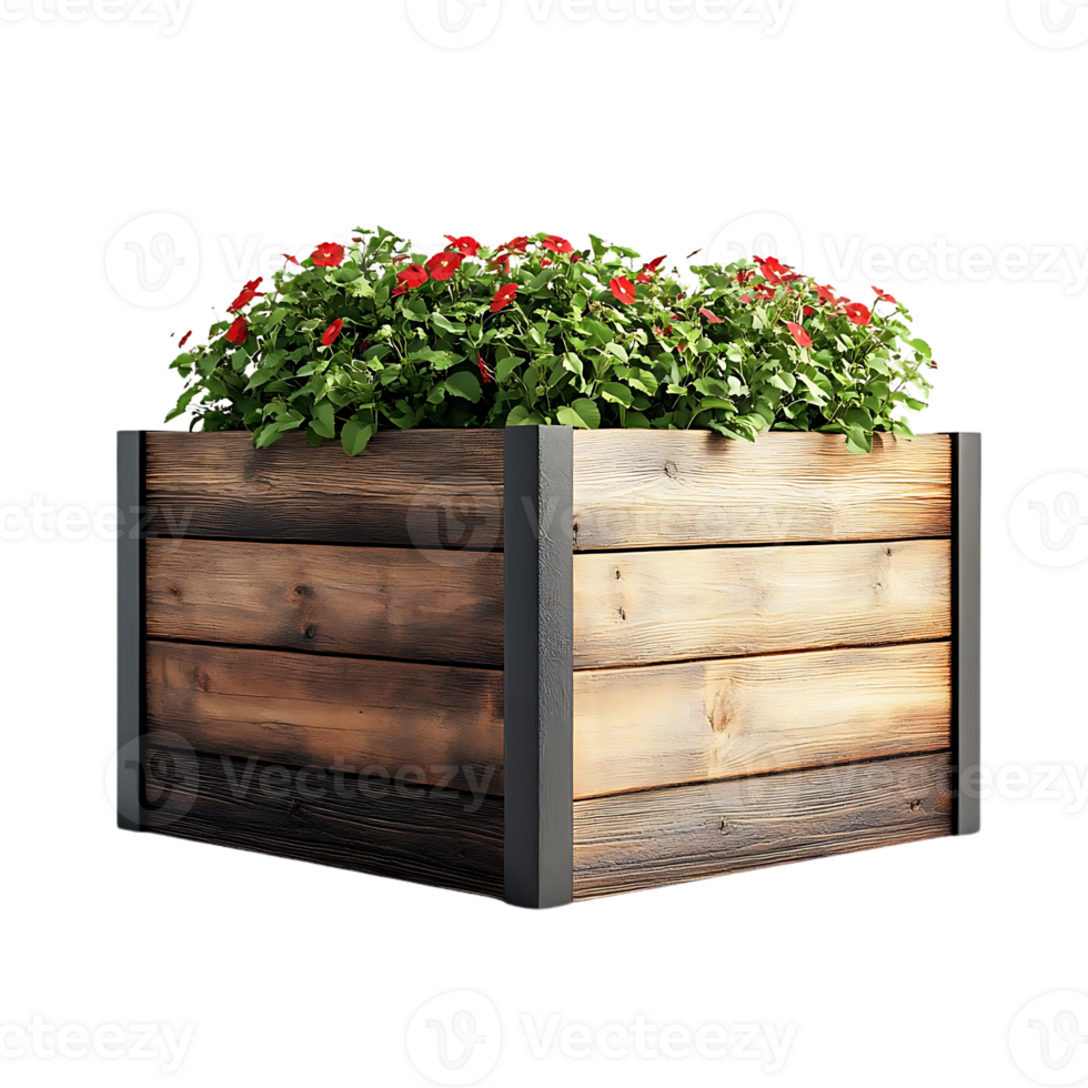 Wooden Planter Box with Black Trim, Filled with Red Flowers, Transparent Background png