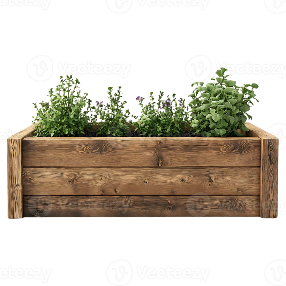 Wooden Planter Box with Plants and Transparent Background -  A Beautiful and Functional Addition to Your Home png