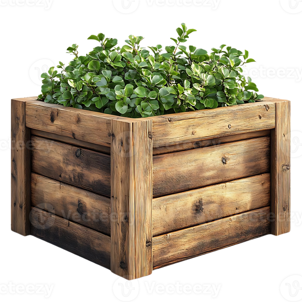 Wooden Planter Box with Green Bush, Transparent Background png