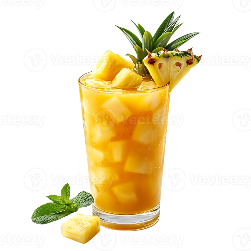 Refreshing Pineapple Juice with Ice Cubes and a Slice of Pineapple on a Transparent Background png