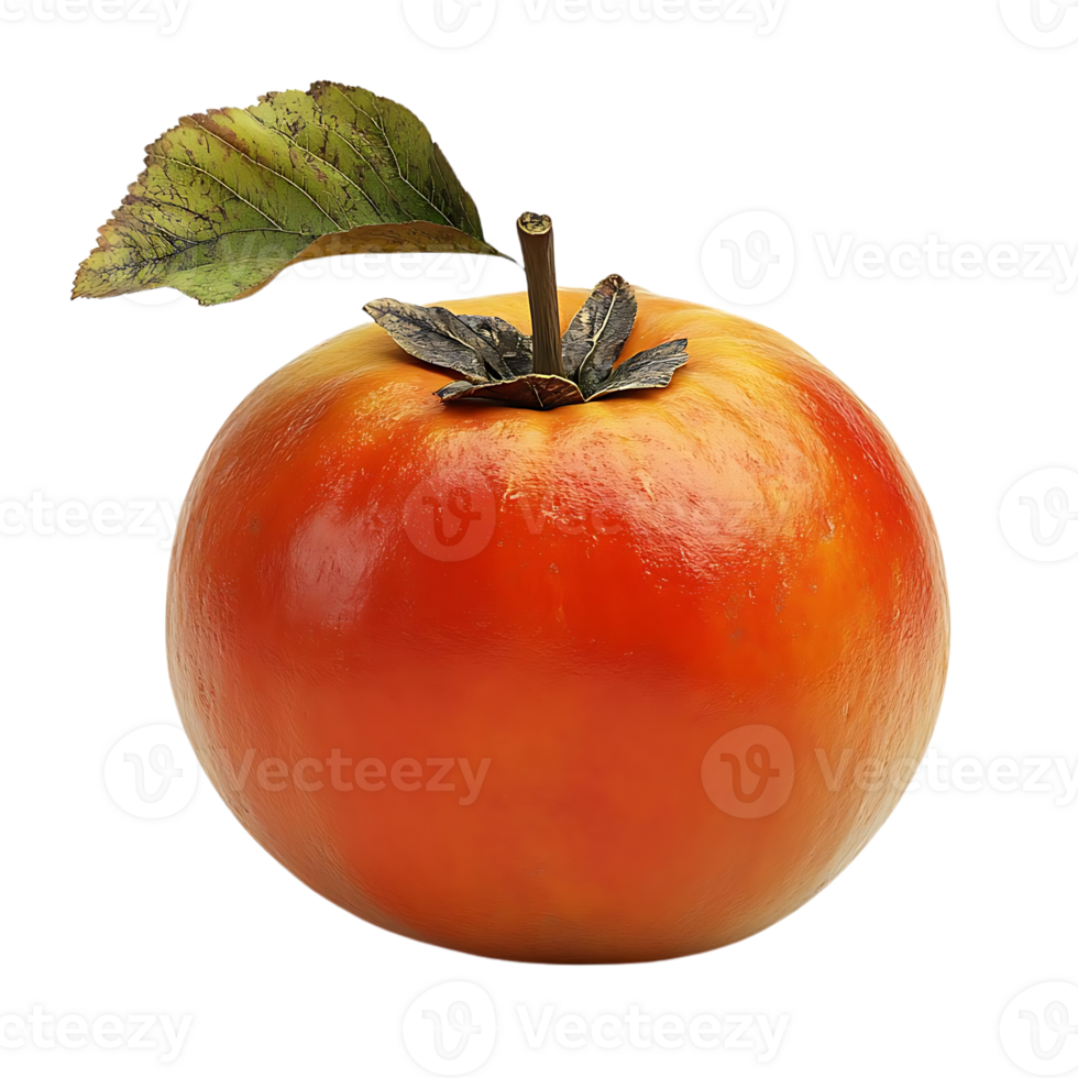 A Single Ripe Persimmon with a Leaf on a Transparent Background png