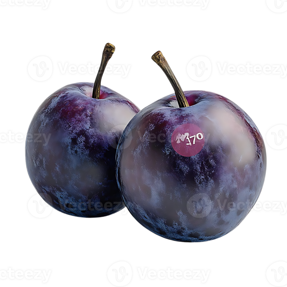 Two Plums with Transparent Background, Fresh and Ripe with a Sticker, Isolated on Black png