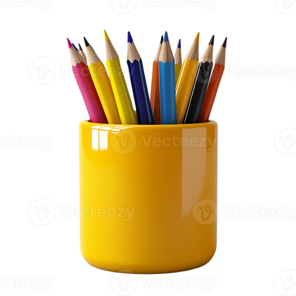 Colorful Pencils in a Yellow Holder on a Transparent Background png