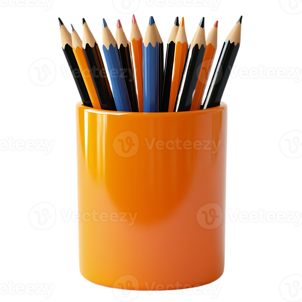 Colored Pencils Standing in a Glossy Orange Pencil Holder with a Transparent Background png