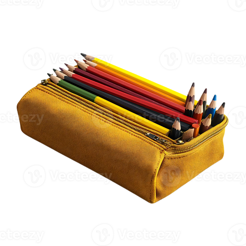 Yellow Canvas Pencil Case with Colorful Pencils, Transparent Background png
