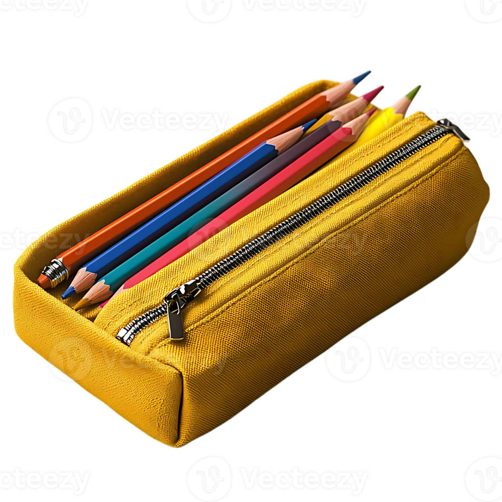 Yellow Canvas Pencil Case with Colored Pencils on a Transparent Background png