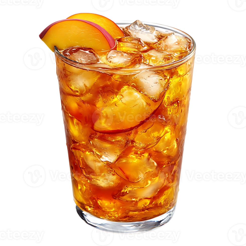 Refreshing Iced Tea with Peach Slices and Ice Cubes on a Transparent Background png