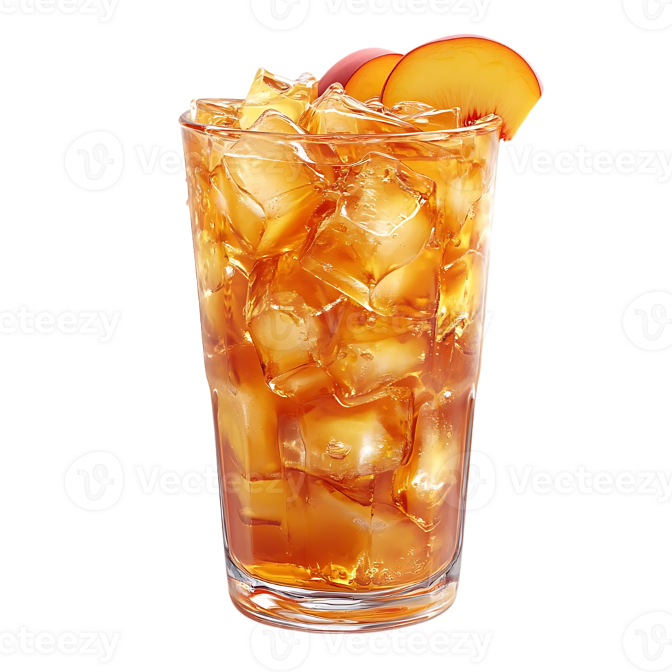 Refreshing Iced Peach Tea with Transparent Background, Ice Cubes, and a Peach Slice Garnish - Perfect Summer Beverage png