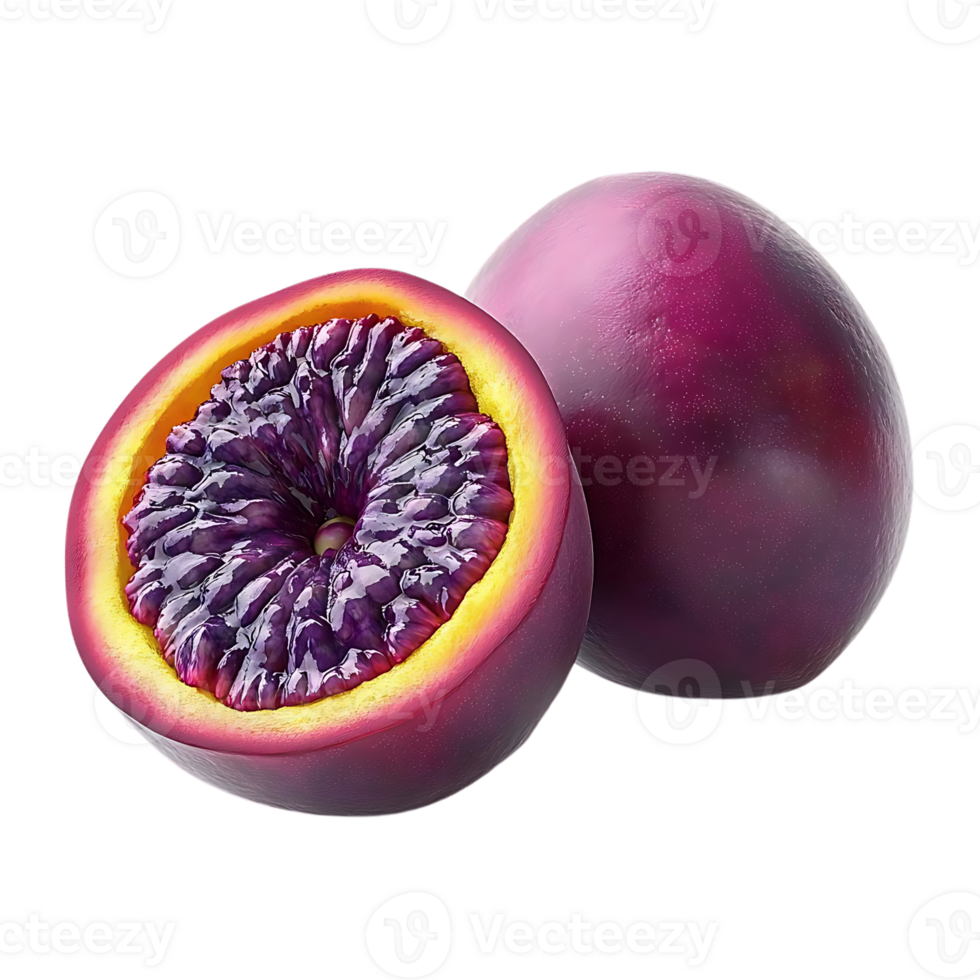 Purple Passion Fruit Sliced Open, Showing Juicy Interior with Transparent Background png
