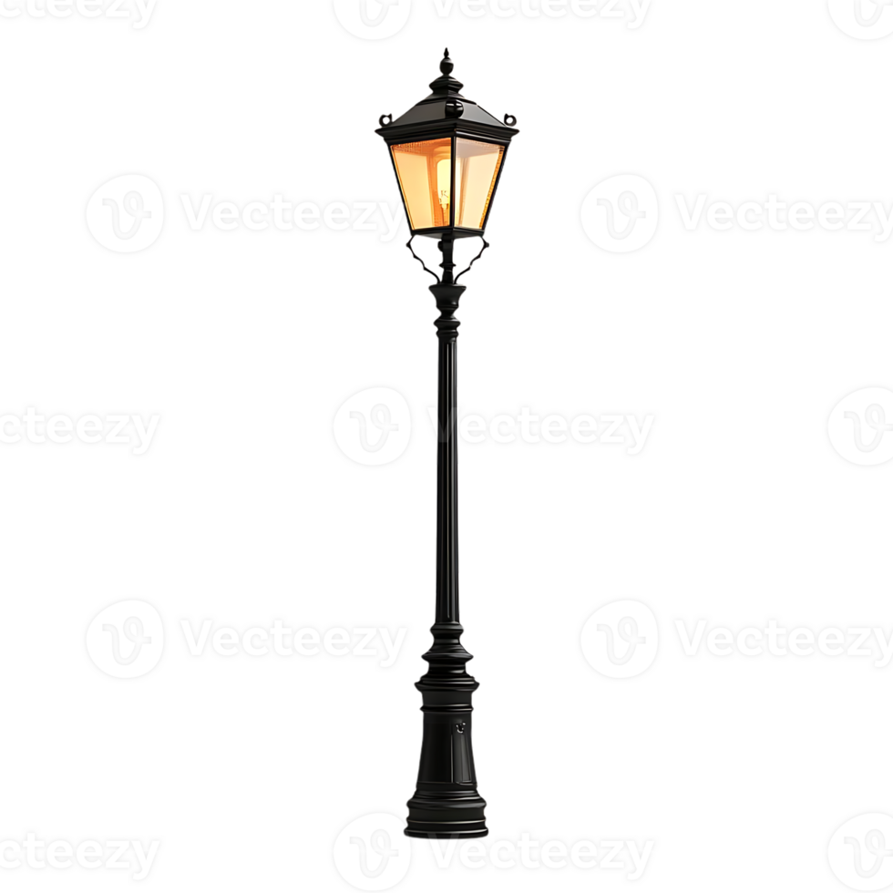 Black Cast Iron Street Lamp Post with Transparent Background, Illuminated Street Light with Ornate Details, Traditional Design, Lighting for Outdoor Spaces, Decorative Lamp Post with Transparent Background png
