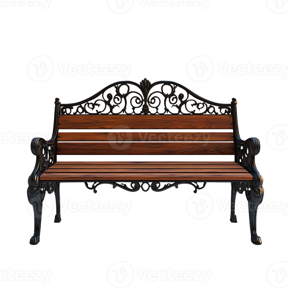 Elegant Ornate Wrought Iron Park Bench with Wooden Slats, Featuring a Transparent Background for Seamless Integration png