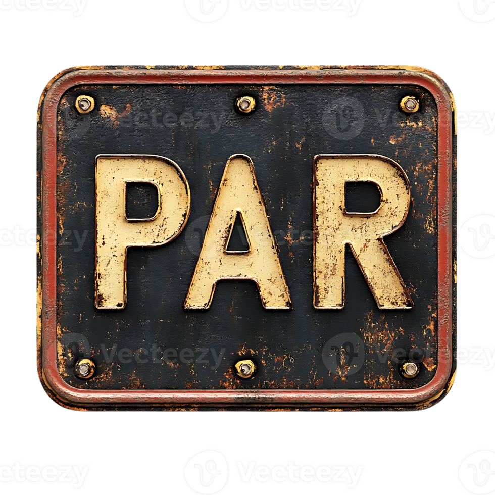 Rusty Metal Sign with the Word PAR in White Letters on a Black Background with a Transparent Background png