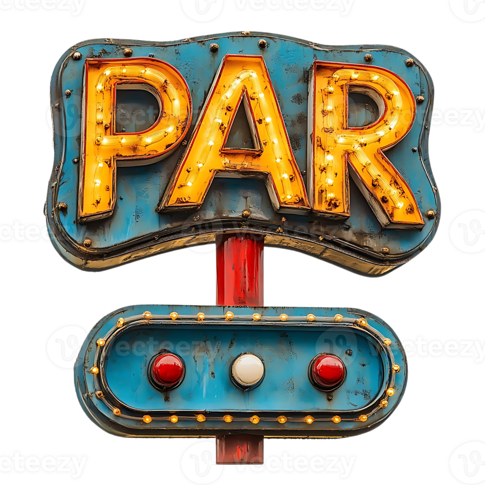 Vintage Illuminated Neon Sign with PAR Text and Lights Against a Transparent Background png