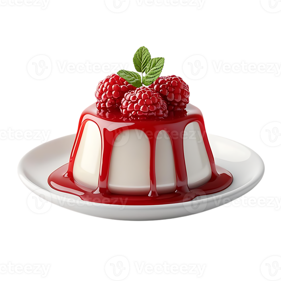 Delicious Creamy Panna Cotta Topped with Fresh Raspberries and a Drizzle of Red Sauce,  Transparent Background png