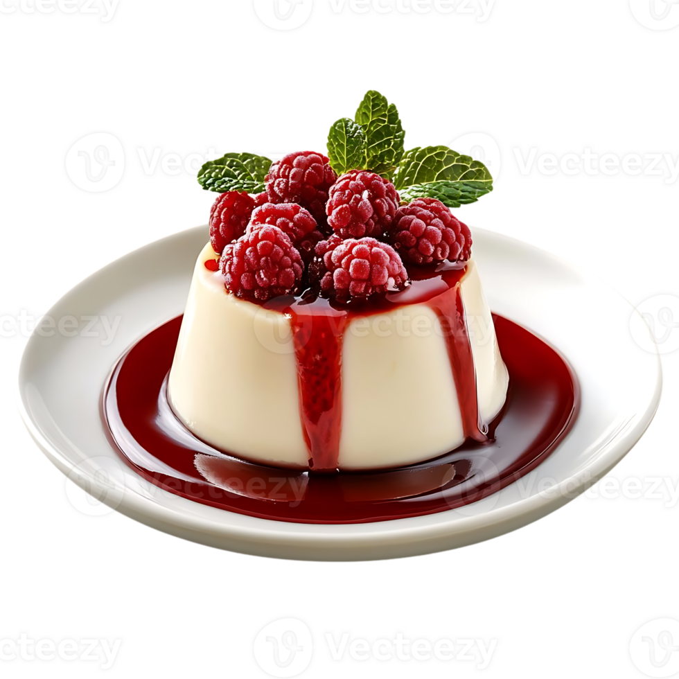Delicious Creamy Panna Cotta Topped with Fresh Raspberries and a Raspberry Sauce, a Sweet and Refreshing Dessert with a Transparent Background png