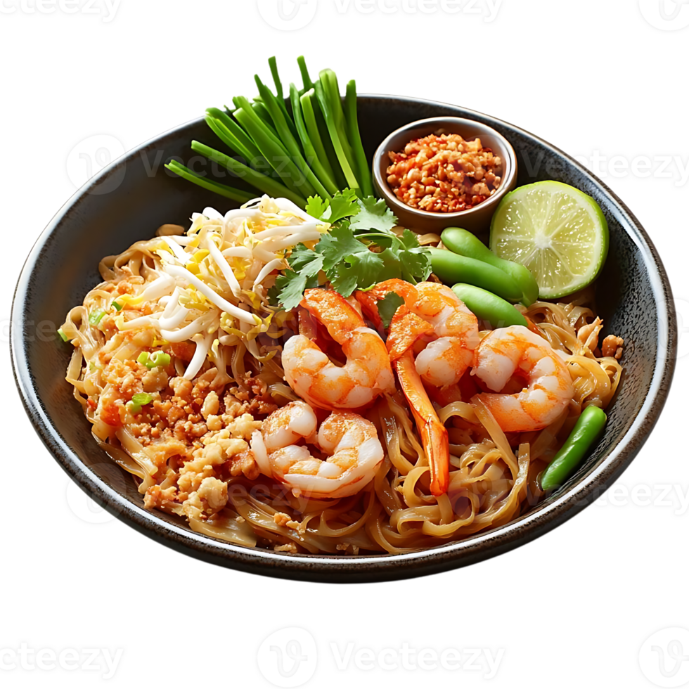 Delicious Pad Thai with Shrimp, Bean Sprouts, and Lime, Served on a Black Plate with a Transparent Background png