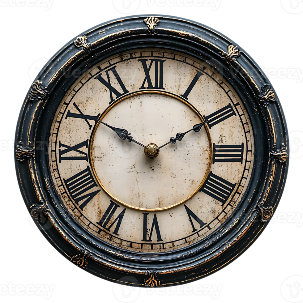 Antique Clock Face with Roman Numerals and Gold Accents on a Transparent Background png