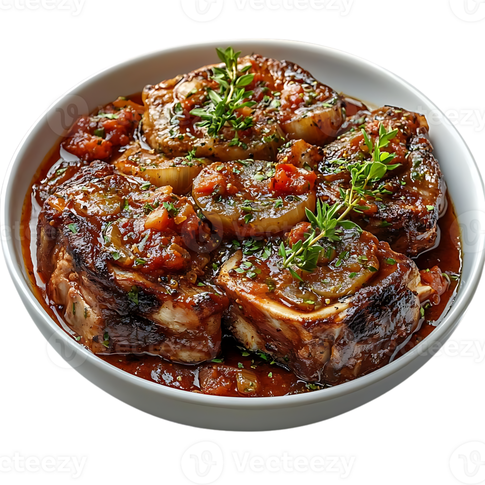Osso Buco with Tomatoes and Onions, Braised in Red Wine, Served in a White Bowl on a Black Background, Transparent Background png