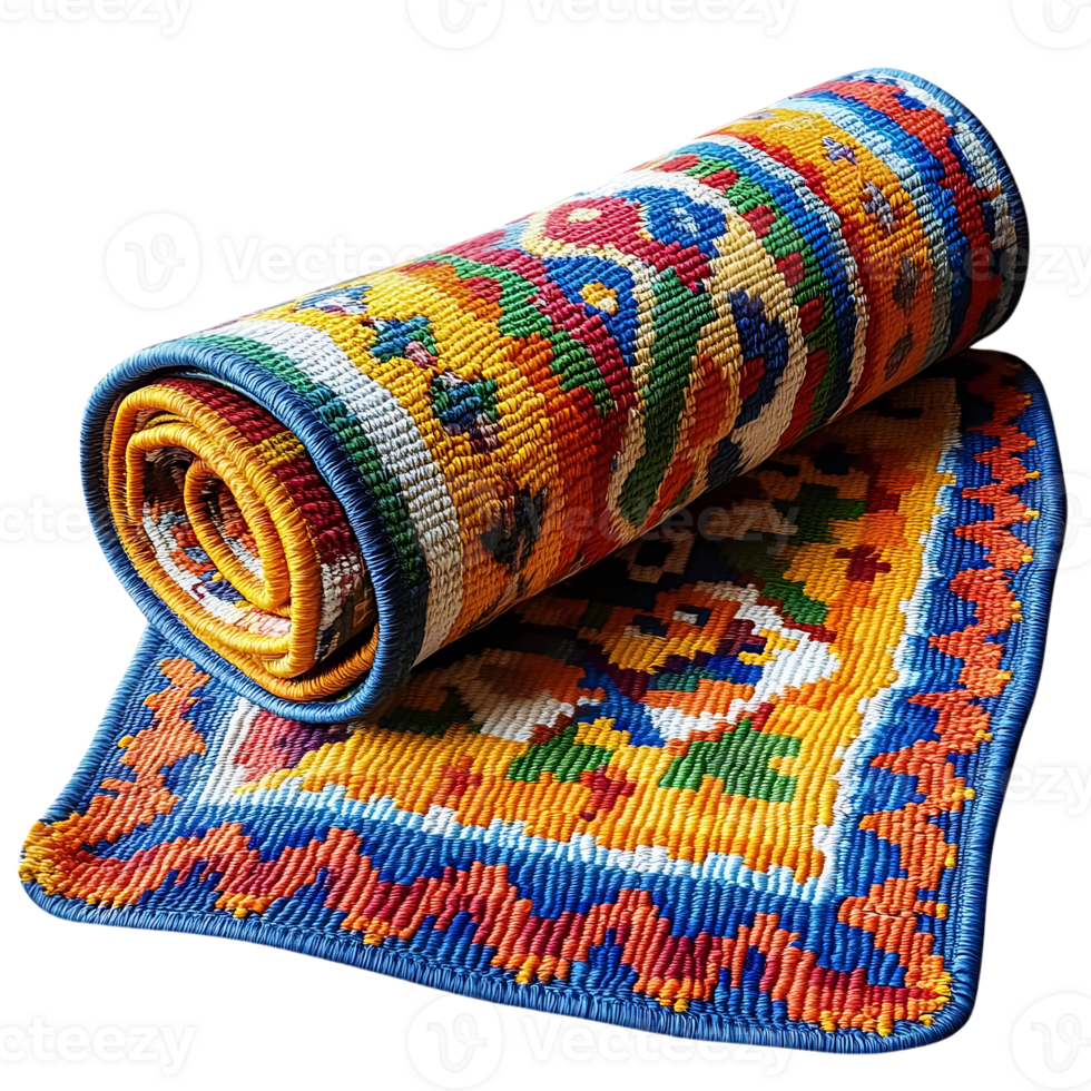 Colorful Rolled Up Rug with Geometric Patterns, Featuring a Transparent Background png