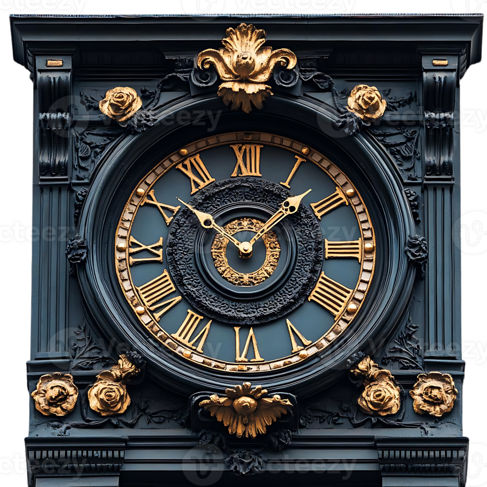 Ornate Clock Face with Roman Numerals and Gold Accents on a Black Background png