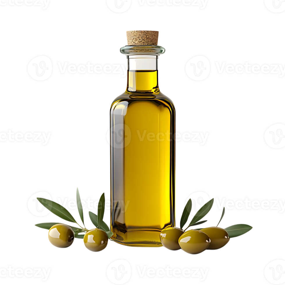 Pure Olive Oil in a Glass Bottle with Green Olives and Branches on a Transparent Background png