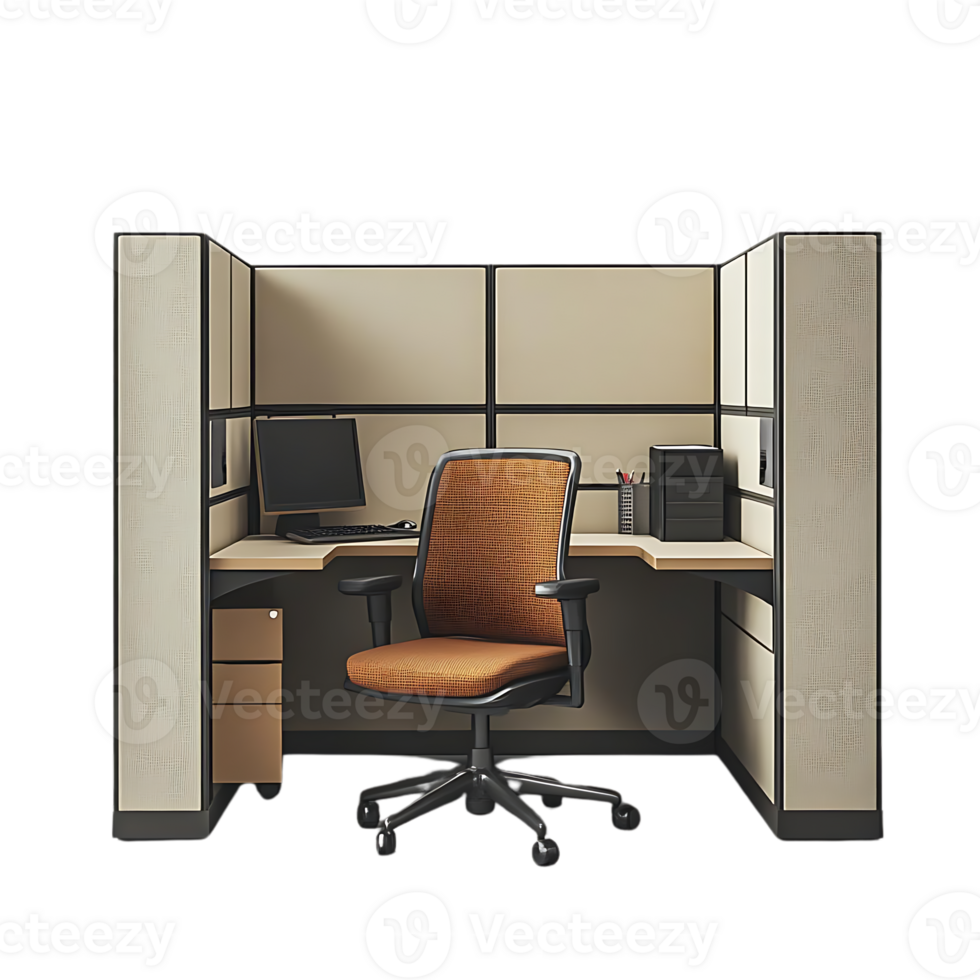Modern Office Cubicle with Transparent Background, Featuring a Comfortable Desk Chair, Computer, and File Cabinet png