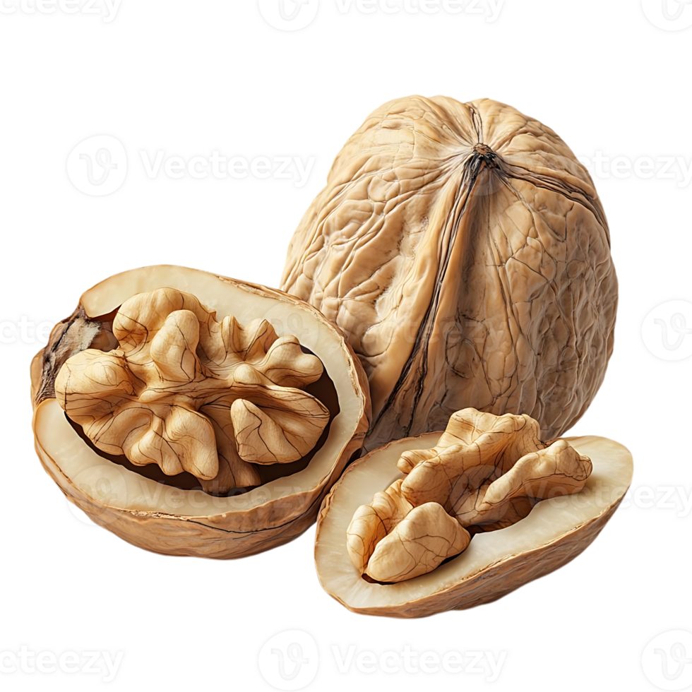 Walnut Shells Cracked Open, Displaying the Nut Inside on a Transparent Background png