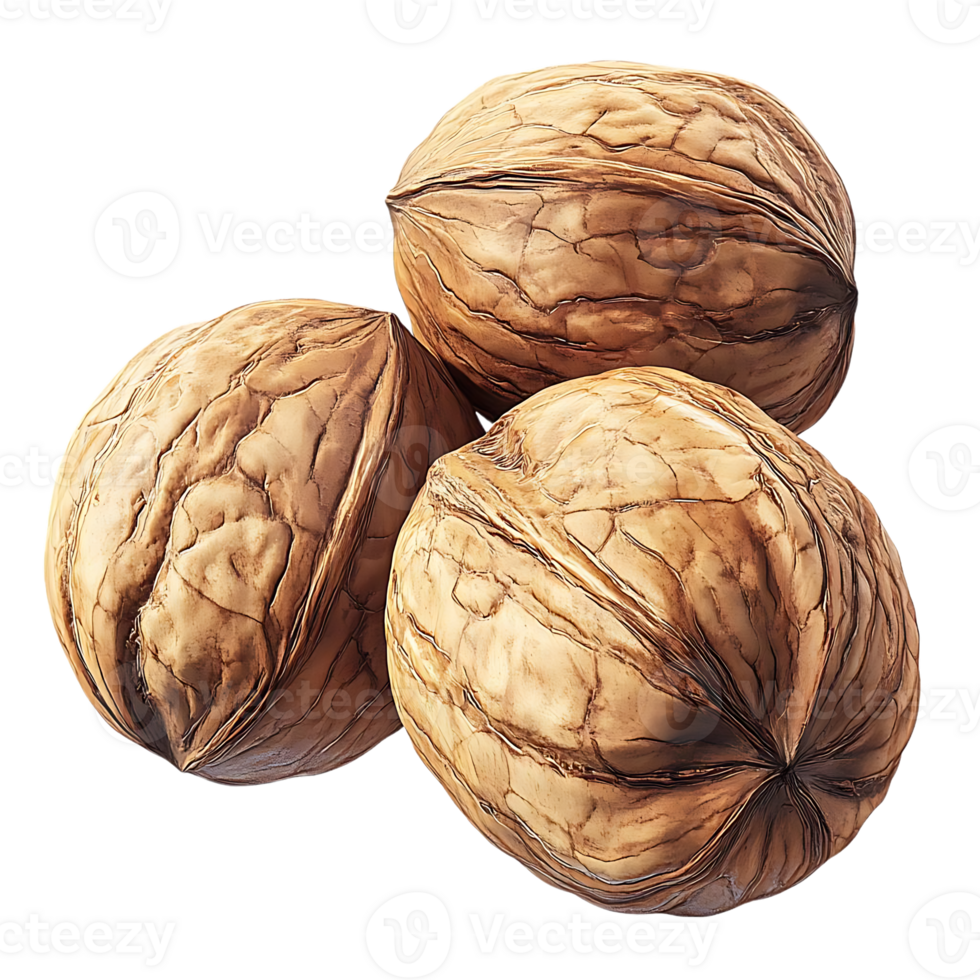 Three Whole Walnuts with Transparent Background, Isolated on Black png