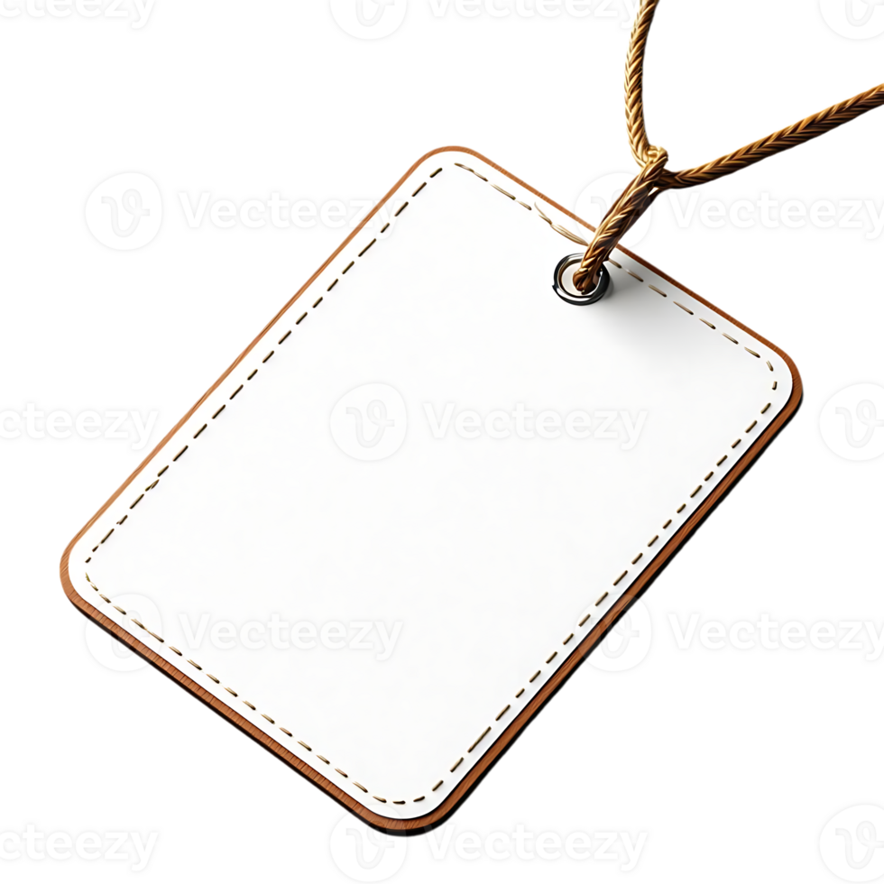 White Leather Tag with Brown Stitching and Rope Hanging - Transparent Background png