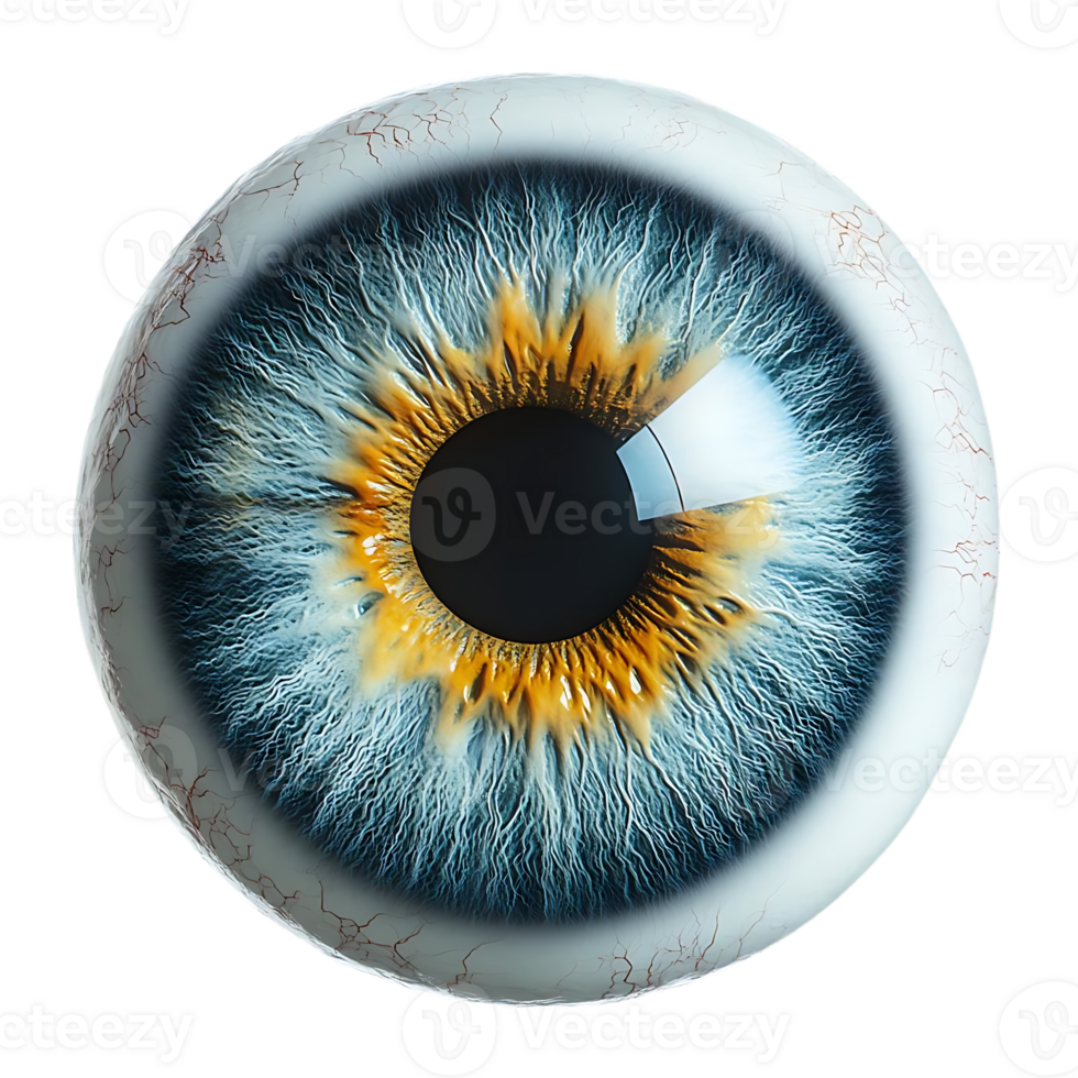 Human Eye with Transparent Background, Blue Iris and Gold Ring, High Detail, Realistic 3D Rendering png