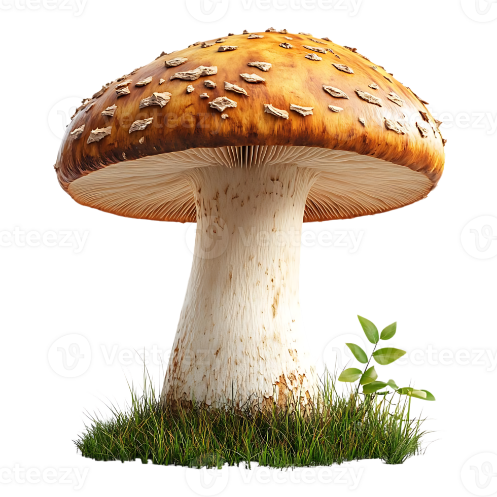 A Single Mushroom Stands Tall Against a Transparent Background,  With Green Grass and Leaves,  Showcase its Beauty and Delicate Details. png