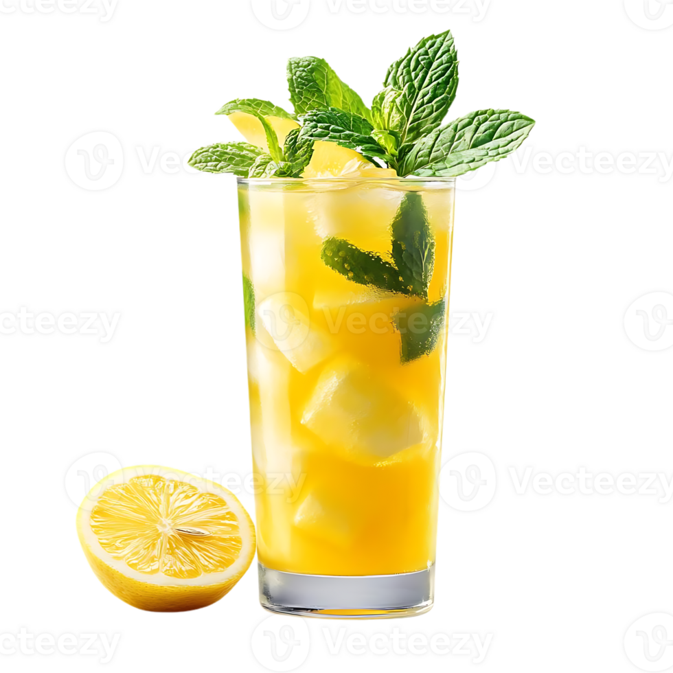 Refreshing Lemonade with Mint and Ice in a Tall Glass, Perfect for Summer Enjoyment, Transparent Background png
