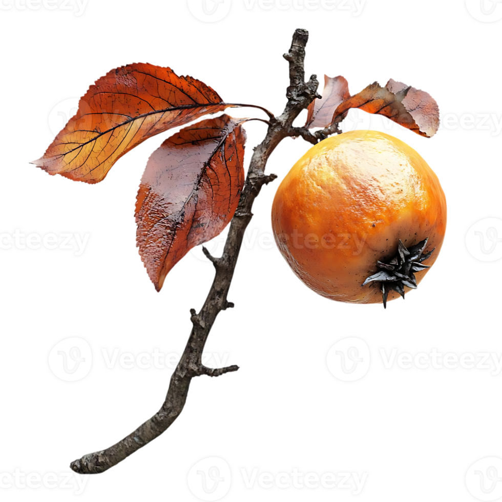 A Single Apple with Autumn Leaves on a Branch, Isolated on a Transparent Background png
