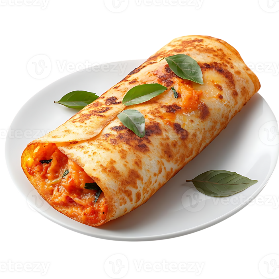 Delicious Crispy Tortilla Wrap Filled with Savory Tomato Sauce, Basil, and Cheese on White Plate with Transparent Background png