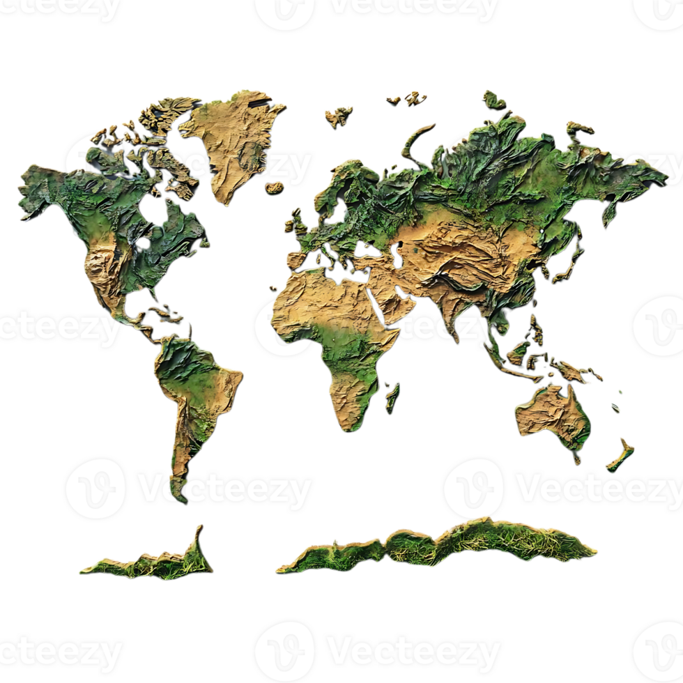 The World Map With a Transparent Background,  A Detailed 3D Representation of Earth's Continents and Oceans png